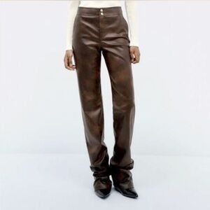 Zara Brown Straight Leg Leather Pants